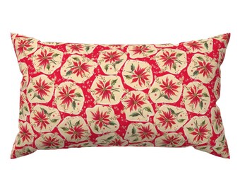 Retro Lumbar Pillow - Christmas Floral Merry Mid Century Vintage 1950s Rectangle Accent Throw Pillow - Poinsettia Stickers by juliamonroe