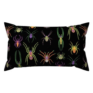 Spiders Lumbar Pillow - Pop Art Spiders For Halloween by pinkowlet - Bugs Halloween Creepy Colorful Science Rectangle Accent Throw Pillow