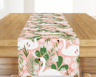 Swan Table Runner - Swan Princess Medium Pink by red_raspberry_design - Whimsical Bird Spring Boho Cotton Sateen Table Runner by Spoonflower