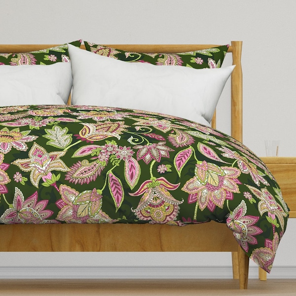 Emerald Green Bedding - Pink Chintz by lauracaballero - Maximalist Vintage Inspired Cotton Sateen Duvet Cover OR Pillow Shams by Spoonflower