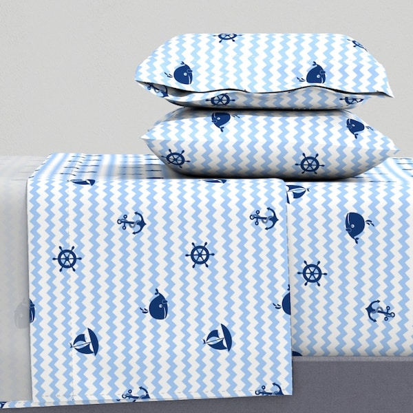 Nautical Chevron Sheets - Nautical Baby Blue by decamp_studios - Sailboat Anchor Blue Whale Cotton Sateen Sheet Set Bedding by Spoonflower