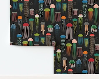 Colorful Jellyfish Non-Pasted Wallpaper Sea Creatures Ocean Animals - Just Jellies On Black by katerhees Wallpaper by Spoonflower