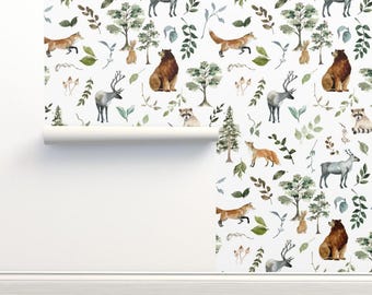 Småskalig skogstapet, oklistrad, skogsdjur, natur, räv - Woodland Whimsy av hipkiddesigns Tapet med dubbel rulle av Spoonflower