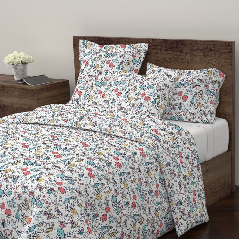 Mod Mushrooms Pillow Sham Illustrated Bugs Entomology Cotton Sateen Pillow Sham Bedding by Spoonflower Cute Forest by adehoidar