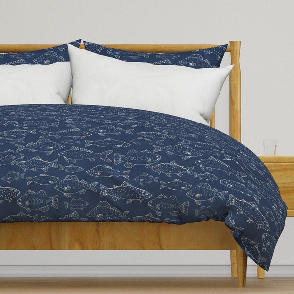 Fish Bedding - Freshwater Fish by arthousewife - Navy Lake Fishing Carp Salmon Bass Cotton Sateen Duvet Cover OR Pillow Shams by Spoonflower