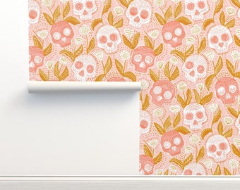 Pink Skull Floral Non-Pasted Wallpaper Halloween Flowers - Pastel Halloween Skulls by de_koro Wallpaper Double Roll by Spoonflower