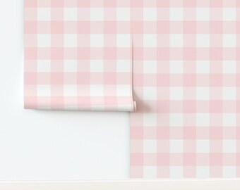 Traditioneel geruit behang zonder lijm, trendy woondecoratie, buffelruit in lichtroze - lichtroze gingham van dept_6, behang van Spoonflower