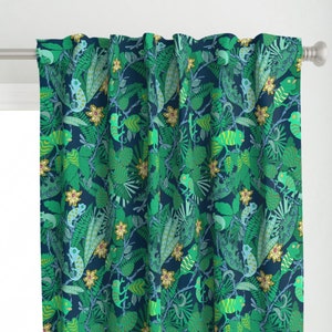 May include: A curtain panel with a repeating pattern of green chameleons and tropical leaves on a dark blue background.