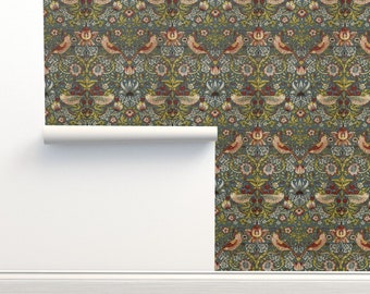 Victorian Non-Pasted Wallpaper Arts And Crafts William Morris - Strawberry Thief by peacoquettedesigns Wallpaper Double Roll by Spoonflower