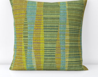 Mid Century Modern Throw Pillow - Olive Lines by theodesign - Olive Green Aqua  Retro 1960s  Decorative Square Throw Pillow by Spoonflower