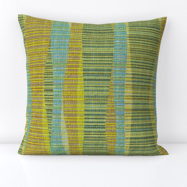 Mid Century Modern Throw Pillow - Olive Lines by theodesign - Olive Green Aqua  Retro 1960s  Decorative Square Throw Pillow by Spoonflower