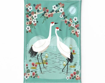 Bird Tea Towel - Japanese Cranes by andrea_lauren - Floral Illustration Teal Blue Vintage Style Linen Cotton Canvas Tea Towel by Spoonflower