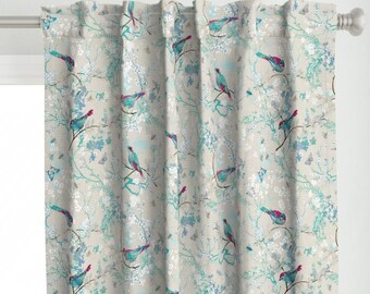 Botanical Birds Curtain Panel - Birds  The Bees Aqua by nouveau_bohemian - Spring Blossom Woven Look Custom Curtain Panel by Spoonflower