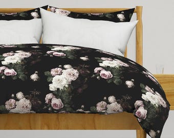 Moody Romantic Rose Bedding - Vintage Roses by etienne - Dark Floral Lush Peony Rose Blush Pink Cotton Sateen Duvet Cover OR Pillow Shams