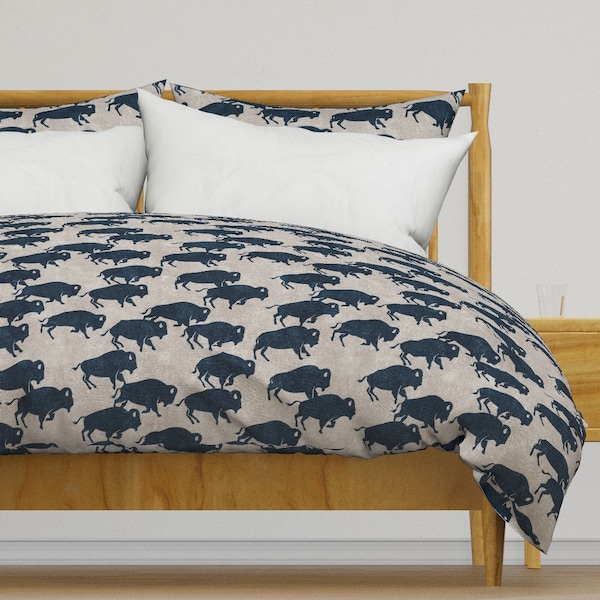 Indigo Bison Bedding - Bison Stampede by littlearrowdecor - Buffalo Herd Stampede Cotton Sateen Duvet Cover OR Pillow Shams by Spoonflower