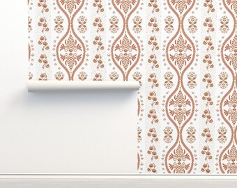 Burnt Orange Floral Non-Pasted Wallpaper Cottage Stripe - Collette Floral Stripe by eti_enne Wallpaper Double Roll by Spoonflower