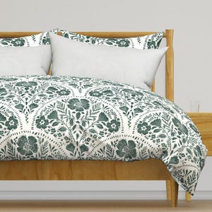Dark Teal Floral Bedding - Hand Carved Garden by miscoe_studio - Block Print Botanical Cottagecore Cotton Sateen Duvet Cover OR Pillow Shams