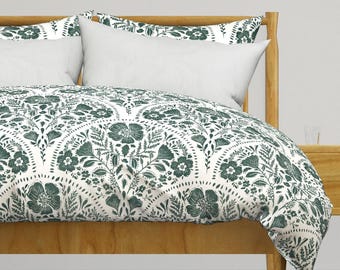 Dark Teal Floral Bedding - Hand Carved Garden by miscoe_studio - Block Print Botanical Cottagecore Cotton Sateen Duvet Cover OR Pillow Shams