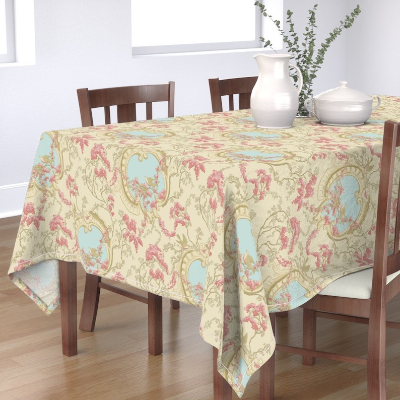 Birds In Cherry Trees by margaret/_ann/_missman/_designs Rococo Parisian Cotton Sateen Tablecloth by Spoonflower Romantic Tablecloth