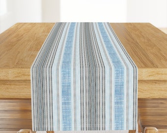 Blue Table Runner - Ticking In Blue by joanmclemore - Ticking Vertical Stripes Farmhouse Neutrals Cotton Sateen Table Runner by Spoonflower