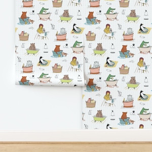 Djurbadtid Oklistrad tapet Nyckfullt sött barnbadkar - Bathtime av dasbrooklyn Tapet av Spoonflower