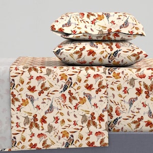 Watercolor Autumn Sheets - Fall Forest by utart - Woodland Birds Leaves Nature Garden Autumn Cotton Sateen Sheet Set Bedding by Spoonflower
