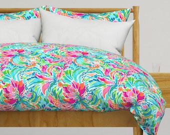 Palm Beach Floral Bedding - Floral Fiesta by cherylgrahamdesigns - Tropical Flowers Cotton Sateen Duvet Cover OR Pillow Shams by Spoonflower