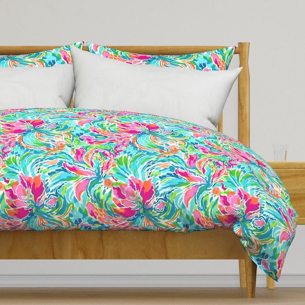Palm Beach Floral Bedding - Floral Fiesta by cherylgrahamdesigns - Tropical Flowers Cotton Sateen Duvet Cover OR Pillow Shams by Spoonflower