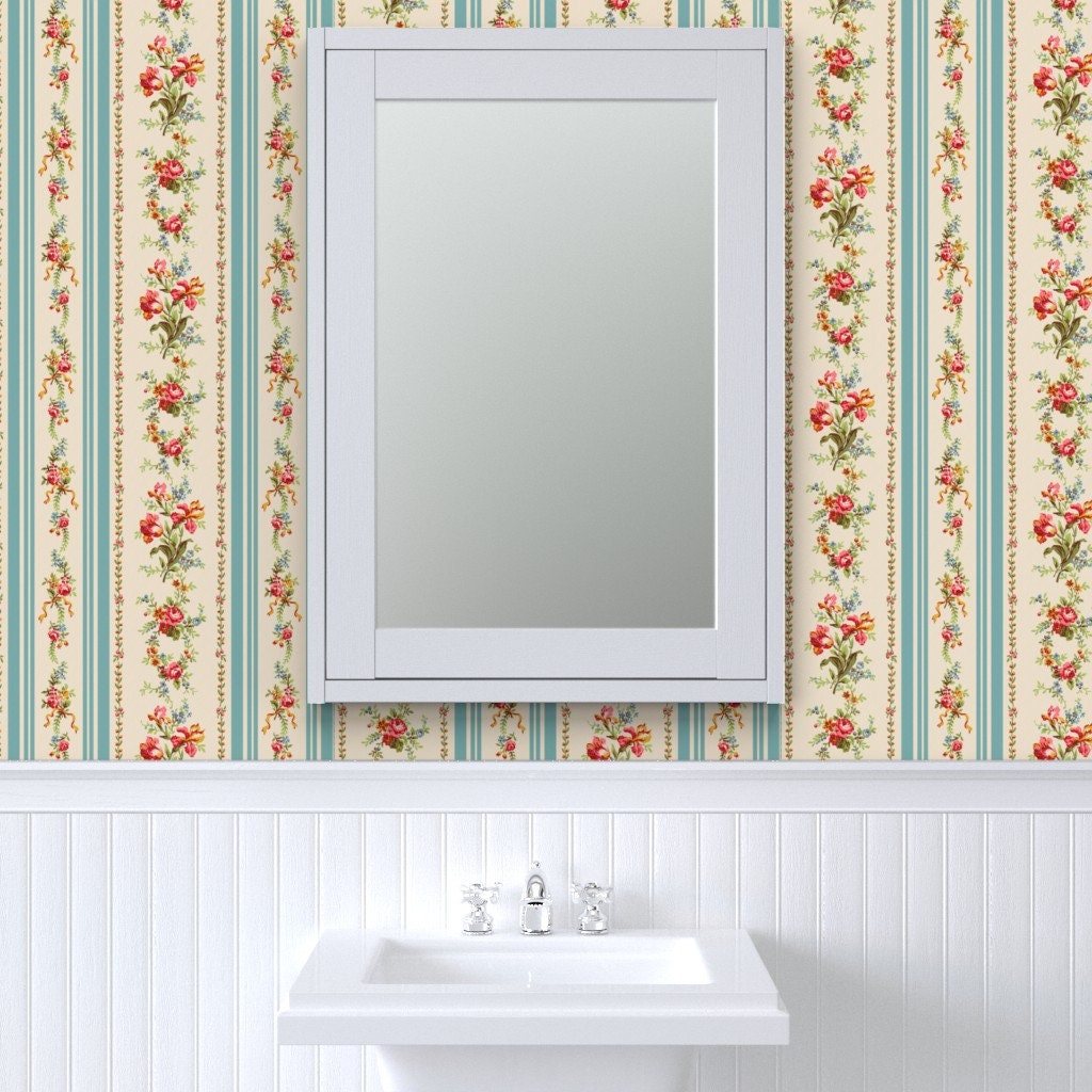 Vintage Stripe Wallpaper Floral Stripe by Peacoquettedesigns Etsy