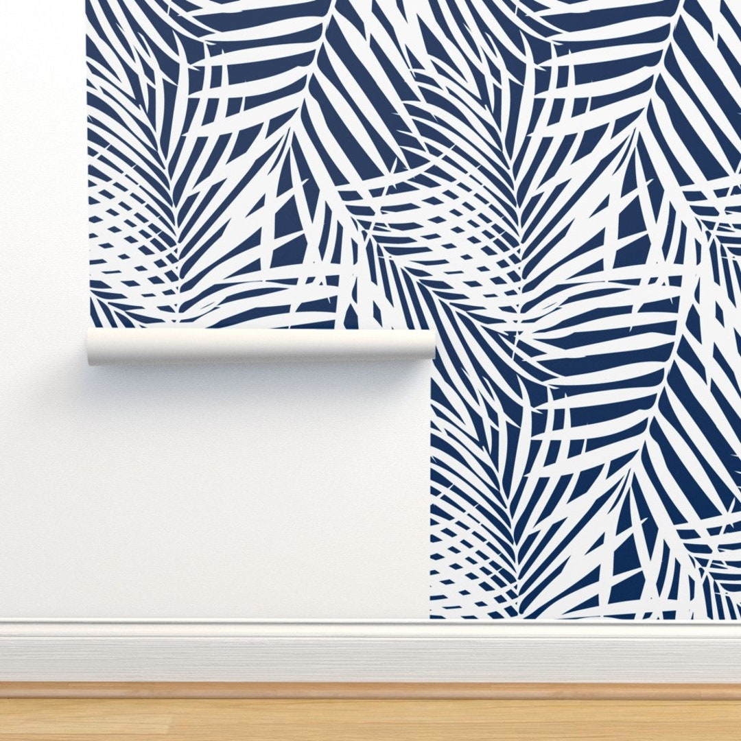 Palm Fronds Non-pasted Wallpaper Dark Blue White Navy Blue Coastal ...