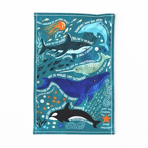 Ocean Pun Tea Towel - Best Jokes Ever Sean by tigatiga - Watercolor Narwhals Whales Dolphins Linen Cotton Canvas Tea Towel by Spoonflower