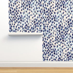 Watercolor Drops Non-Pasted Wallpaper - Indigo Rain by crystal_walen - Abstract Nature Diamond Wallpaper Double Roll by Spoonflower