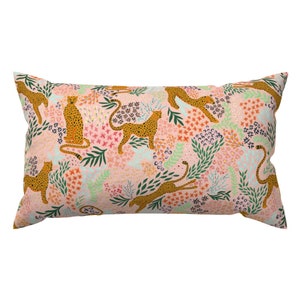 Modern Animal Print Lumbar Pillow - Floral Cheetah by oneandonlypaper - Boho Jungle Coral Pink Mustard Rectangle Accent Throw Pillow