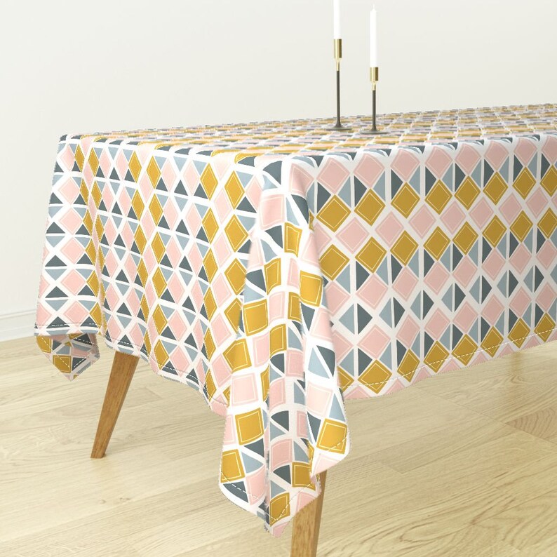 Garden by fineapple/_pair Blush Triangles Tablecloth Mustard Geometric Cotton Sateen Tablecloth by Spoonflower