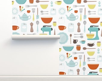 Vintage Kitchen Non-Pasted Wallpaper Cooking Appliance Retro - My Vintage Kitchen by calobeedoodles Wallpaper Double Roll by Spoonflower
