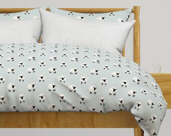 Cute Sheep Bedding - Sheep On Blue by unasomerville -  Farm Animals Boho Whimsical Cotton Sateen Duvet Cover OR Pillow Shams by Spoonflower