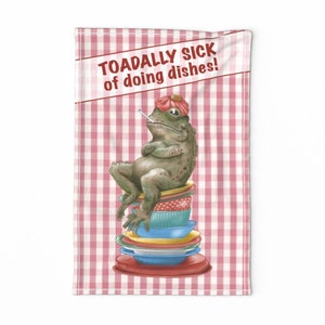 Kitchen Pun Tea Towel - Toadally Sick Of Dishes by stacystudios - Toad Frog Washing Dishes Linen Cotton Canvas Tea Towel by Spoonflower