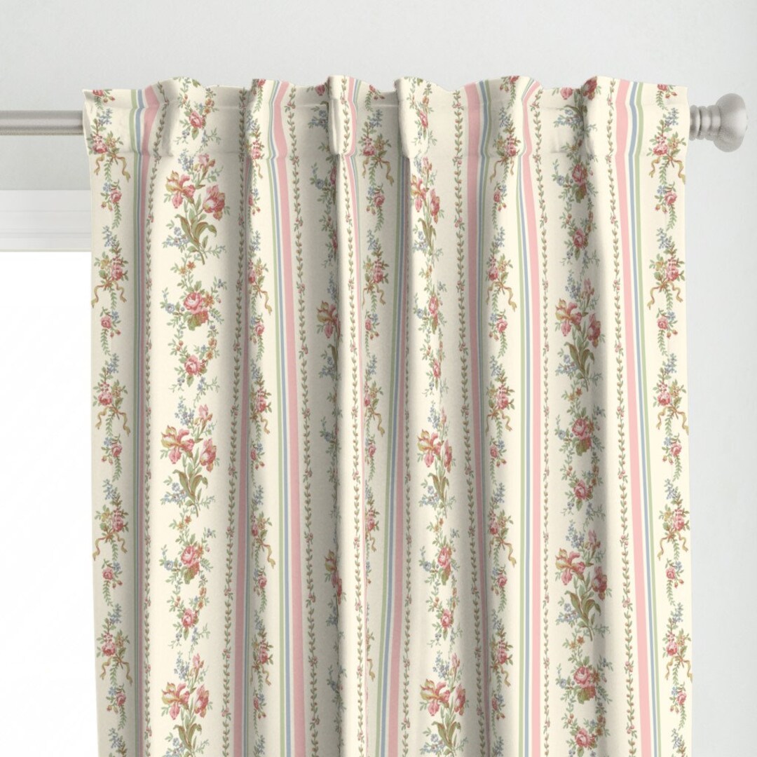 Cottagecore Stripe Curtain Panel Belvedere Floral by Peacoquettedesigns