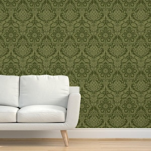 Green Antique Floral Textured Grasscloth Wallpaper - Day&#39;s Damask by red_tansy - Victorian Forest Green Natural Sisal Wallpaper Spoonflower