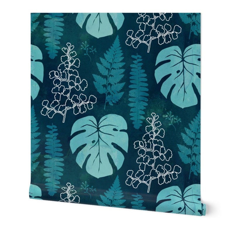 Jungle Wallpaper Dark Green Teal Tropical Leaves by adenaj Etsy