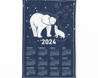 2024 Calendar Tea Towel - Polar Bear Kiss by marketa_stengl - Polar Bear Constellation Stars Linen Cotton Canvas Tea Towel by Spoonflower