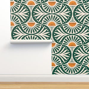 Art Deco Vlies Tapete - Art Deco Sonnenuntergang von de_koro - Tropisch Maximalist smaragdgrün Fans Tapete Doppelrolle von Spoonflower