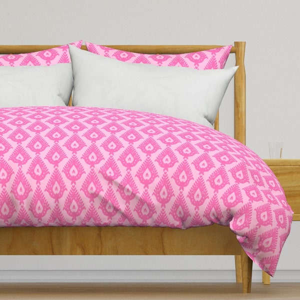 Bright Pink Ikat Bedding - Tear Drop Ikat by lisakling - Damask Bubblegum Pink Cotton Sateen Duvet Cover OR Pillow Shams by Spoonflower