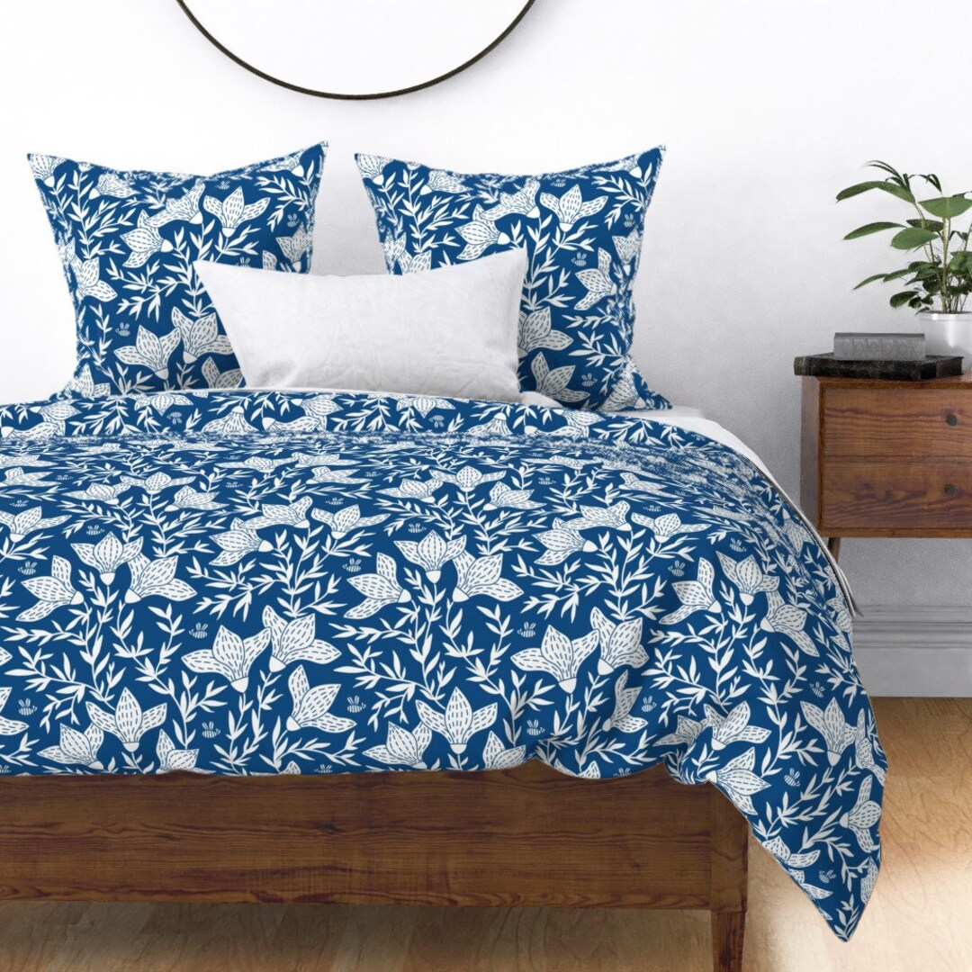 Modern Floral Duvet Cover Magnolia on Blue by Kancerina Etsy