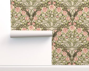 Vintage Roses Commercial Grade Wallpaper - Art Nouveau Roses by analinea - Pale Green And Blush Wallpaper Double Roll by Spoonflower