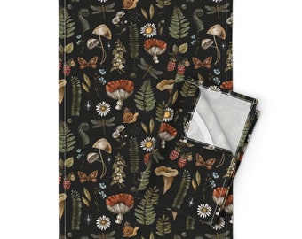 Woodland Tea Towels (Set of 2) - Mushrooms On Black by depiano - Fern Moth Dragonfly Mushroom Amanita Linen Cotton Tea Towels by Spoonflower