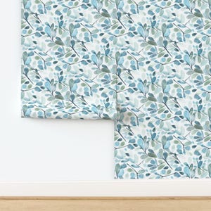 Watercolor Non-Pasted Wallpaper - Blue Watercolor Leaves by sara_swanson_design - Botanical Blue Green Wallpaper Double Roll by Spoonflower