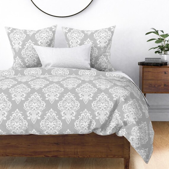 White Sheets Modern Damask by ciel/_bleu/_design Gray Antique Traditional Classic Silver Cotton Sateen Sheet Set Bedding by Spoonflower