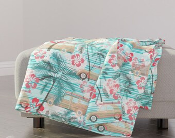 Hawaiian Throw Blanket - Vintage Beach Cruisin by sarah_treu - Palm Trees Beach Vintage Cars Throw Blanket with Spoonflower Fabric
