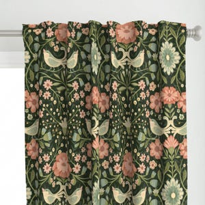 Dark Bohemian Curtain Panel - Maximalist Floral Birds by stephaniebeischer-studio8 - Green Pink Flowers Custom Curtain Panel by Spoonflower